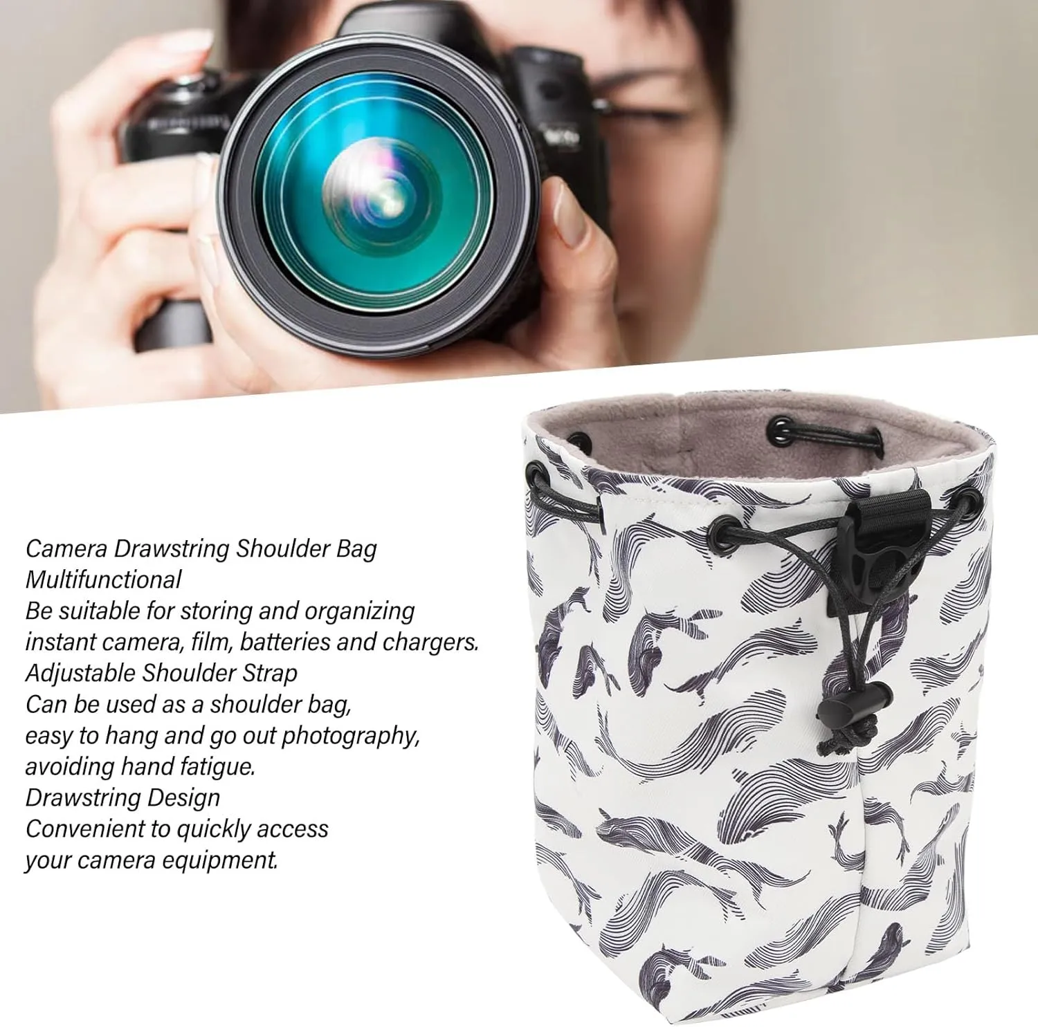 Fockety Soft Camera Case Drawstring Bag, Camera Bag with Adjustable Strap, Instant Camera Storage Bag Soft Lens Case Portable Shoulder Bag for Photographers Traveling (Whale