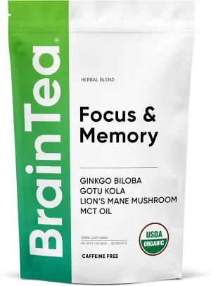 Focus & Memory - Organic Certified 4-in-1 Brain Booster Tea with Ginkgo, Gotu Kola, Lion’s Mane Mushroom and MCT - Caffeine-Free Nootropic Herbal Supplement for Mental Clarity (30 Sachets)
