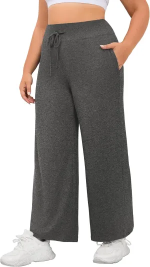 FOREYOND Plus Size Sweatpants for Women Wide Leg Yoga Pants Knit Workout Pants with Drawstring Pull-on Stretch Fabric