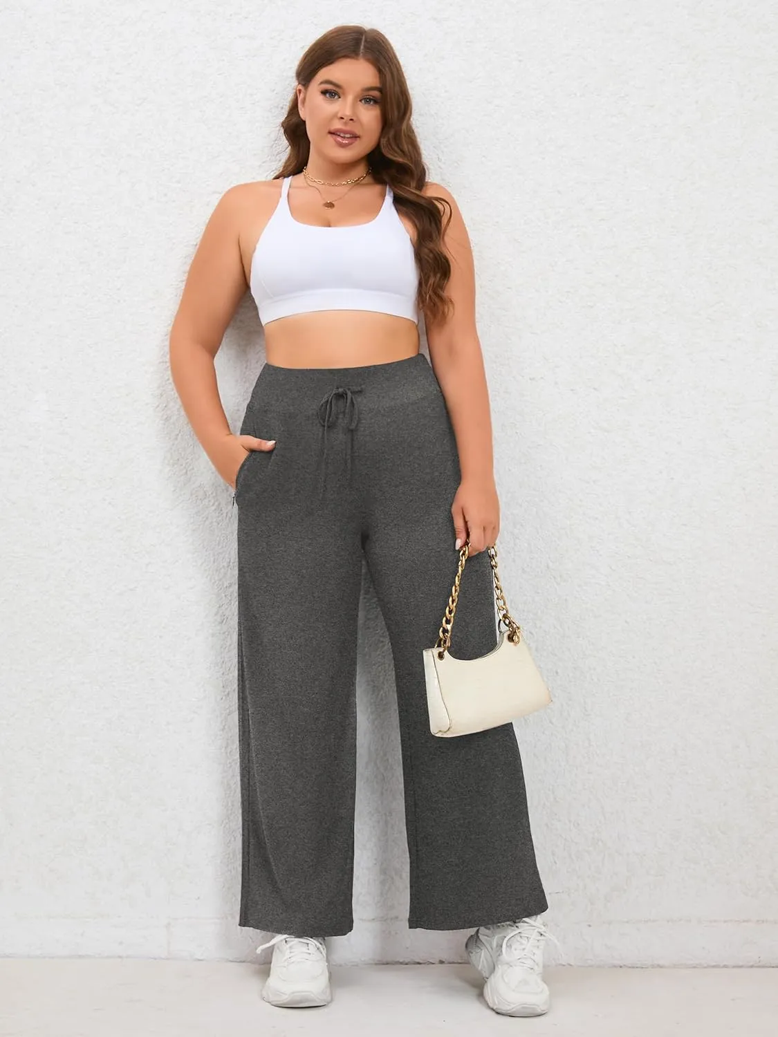 FOREYOND Plus Size Sweatpants for Women Wide Leg Yoga Pants Knit Workout Pants with Drawstring Pull-on Stretch Fabric
