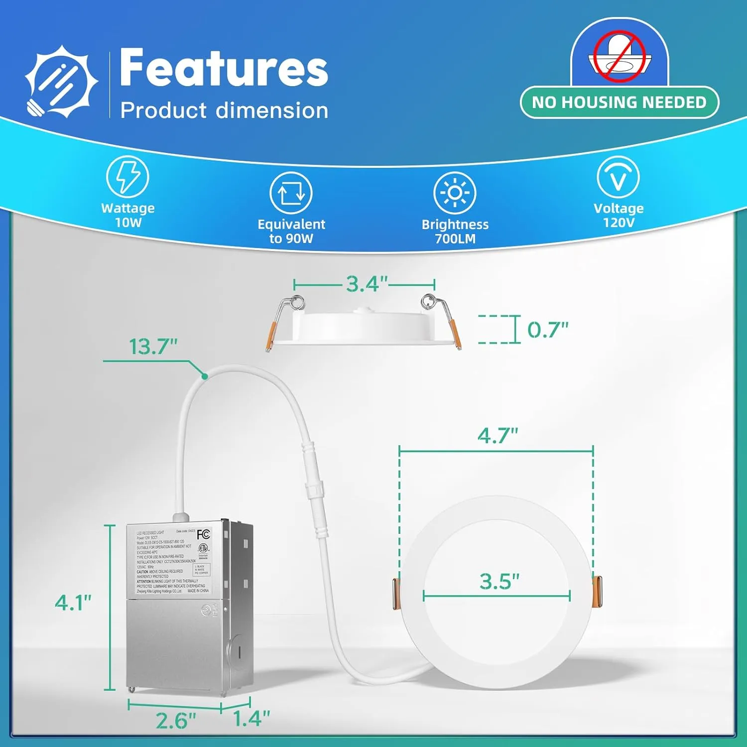 FREELICHT 12 Pack 4 Inch 5CCT Ultra-Thin LED Recessed Ceiling Light with Junction Box, 2700K/3000K/3500K/4000K/5000K Selectable, 700LM Brightness, Dimmable Canless Wafer Downlight, 10WEqv90W, ETL&FCC
