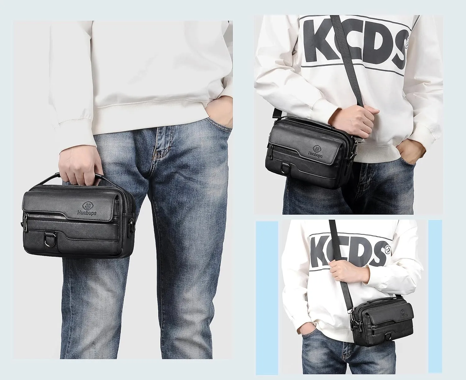 FSD. WG Small Leather Sling Shoulder Bag for Men, Messenger Pack, Black, One Size, 9 x 4 x6