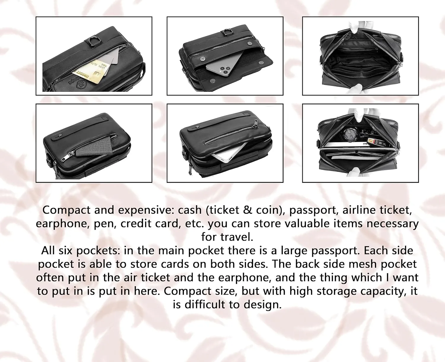 FSD. WG Small Leather Sling Shoulder Bag for Men, Messenger Pack, Black, One Size, 9 x 4 x6