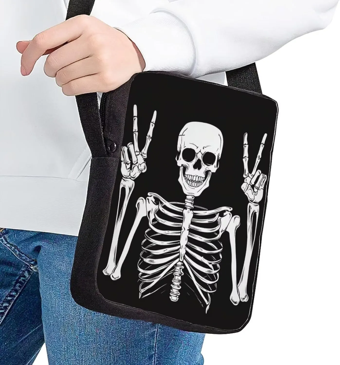 Funny Skeleton Women's Wallet Zip Small Crossbody Bag with Adjustable Strap Black Mini Messenger Bag Portable Travel Bag Cellphone Purses Bags