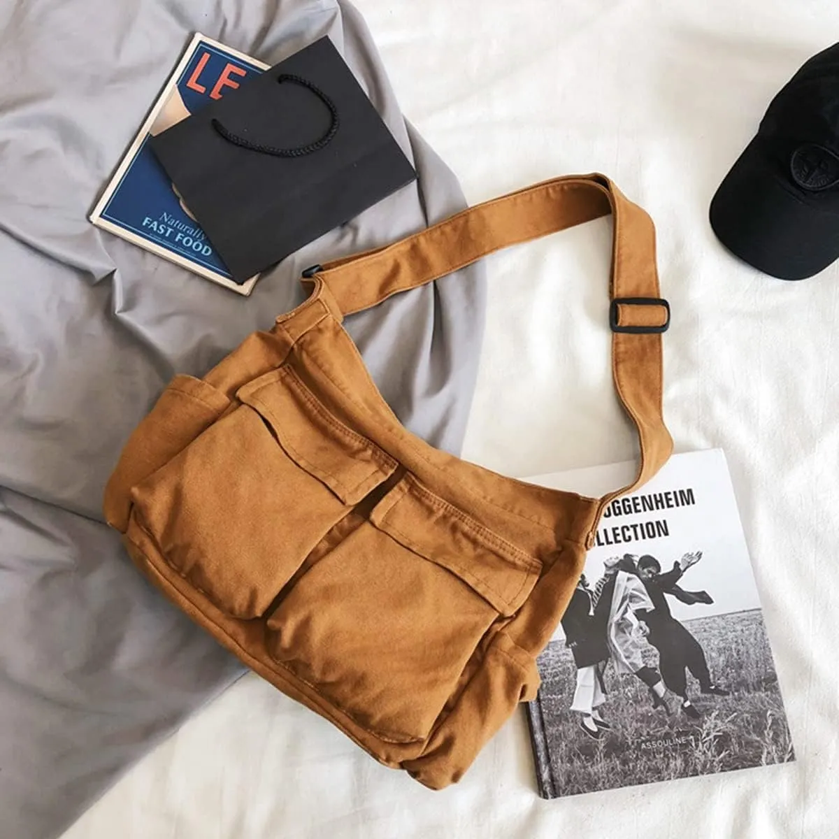 GAXOS Aesthetic Cute Messenger Bag for School Vintage Black Canvas Crossbody for Women Shoulder Laptop Bag