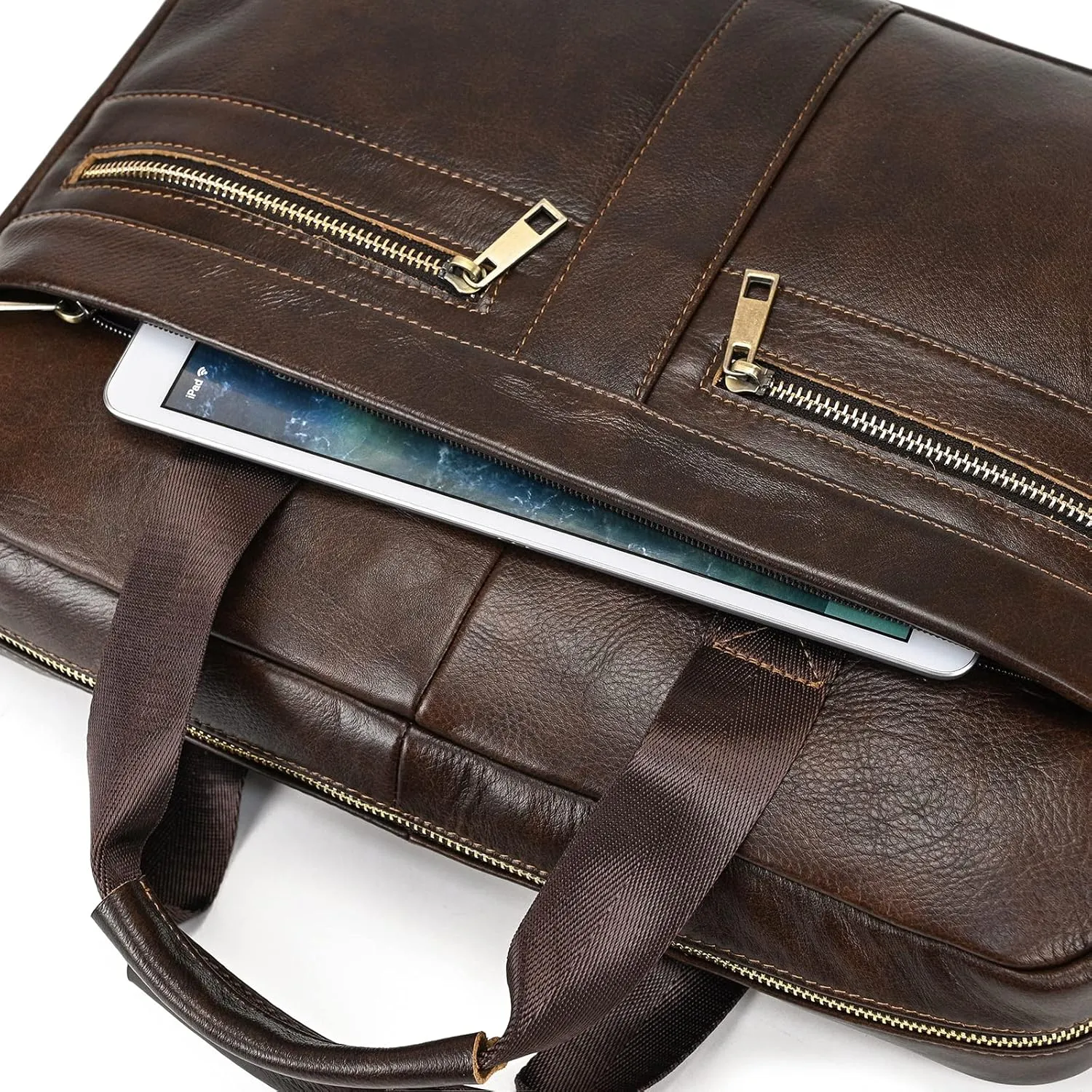 Genuine Leather Briefcase for Men, Laptop Computer Shoulder Bag With Strap, 15.6 Inch Business Travel Work Handbag