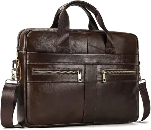 Genuine Leather Briefcase for Men, Laptop Computer Shoulder Bag With Strap, 15.6 Inch Business Travel Work Handbag