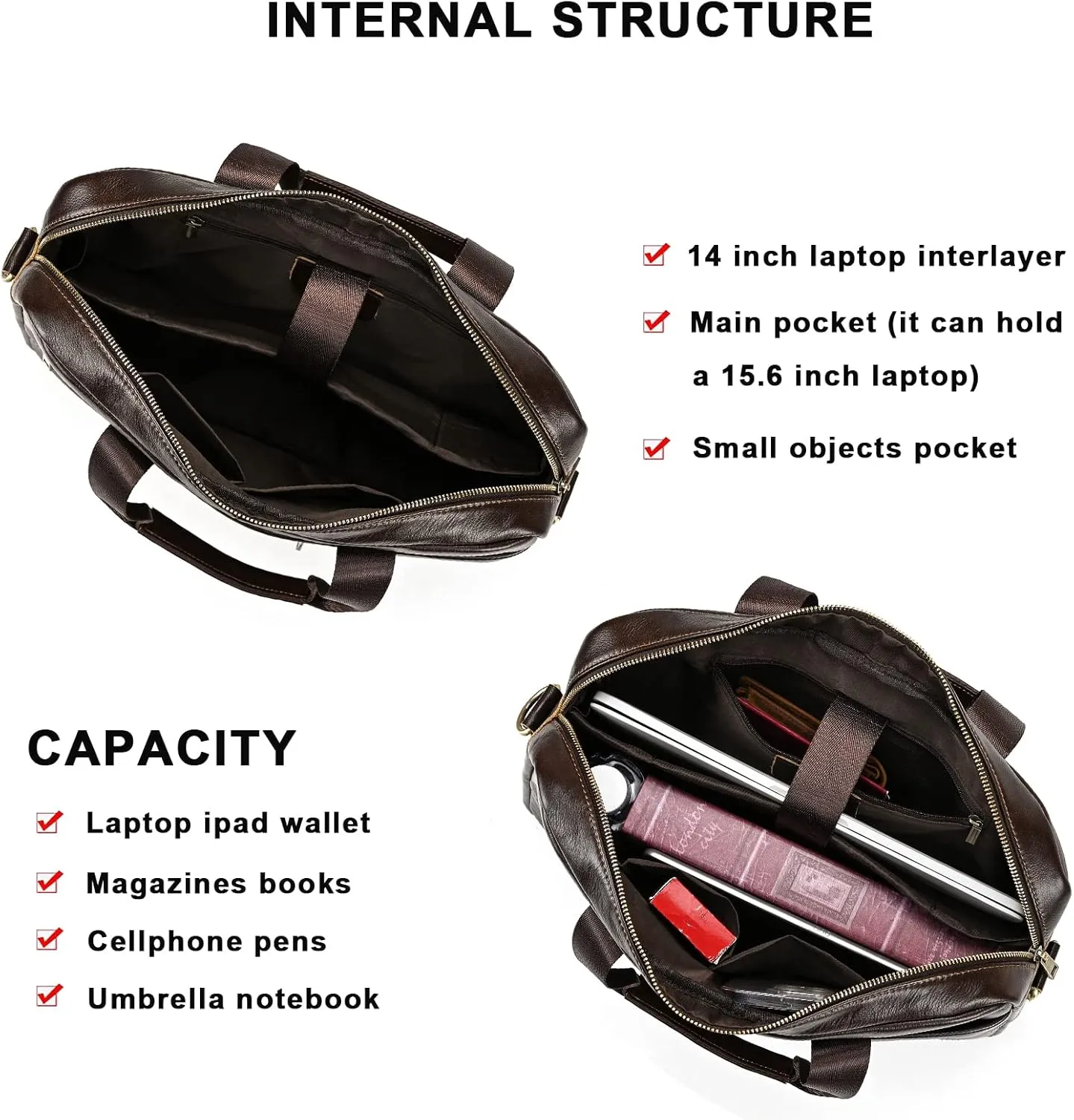 Genuine Leather Briefcase for Men, Laptop Computer Shoulder Bag With Strap, 15.6 Inch Business Travel Work Handbag