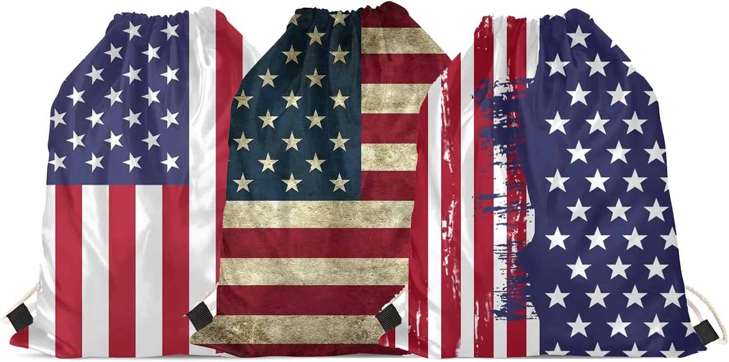 GLENLCWE American Flag Print Drawstring Bag for Men Women Children Backpack Gym Bag Patriotic Backpack Set of 3