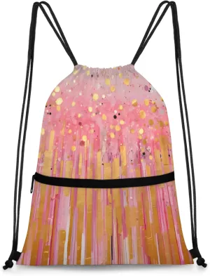 Glittering Cascade Polyester Drawstring Bag with Zipper Pocket, 18x14 Inch Water-Resistant Gym Sack String Backpack for Sports, Travel, Camping