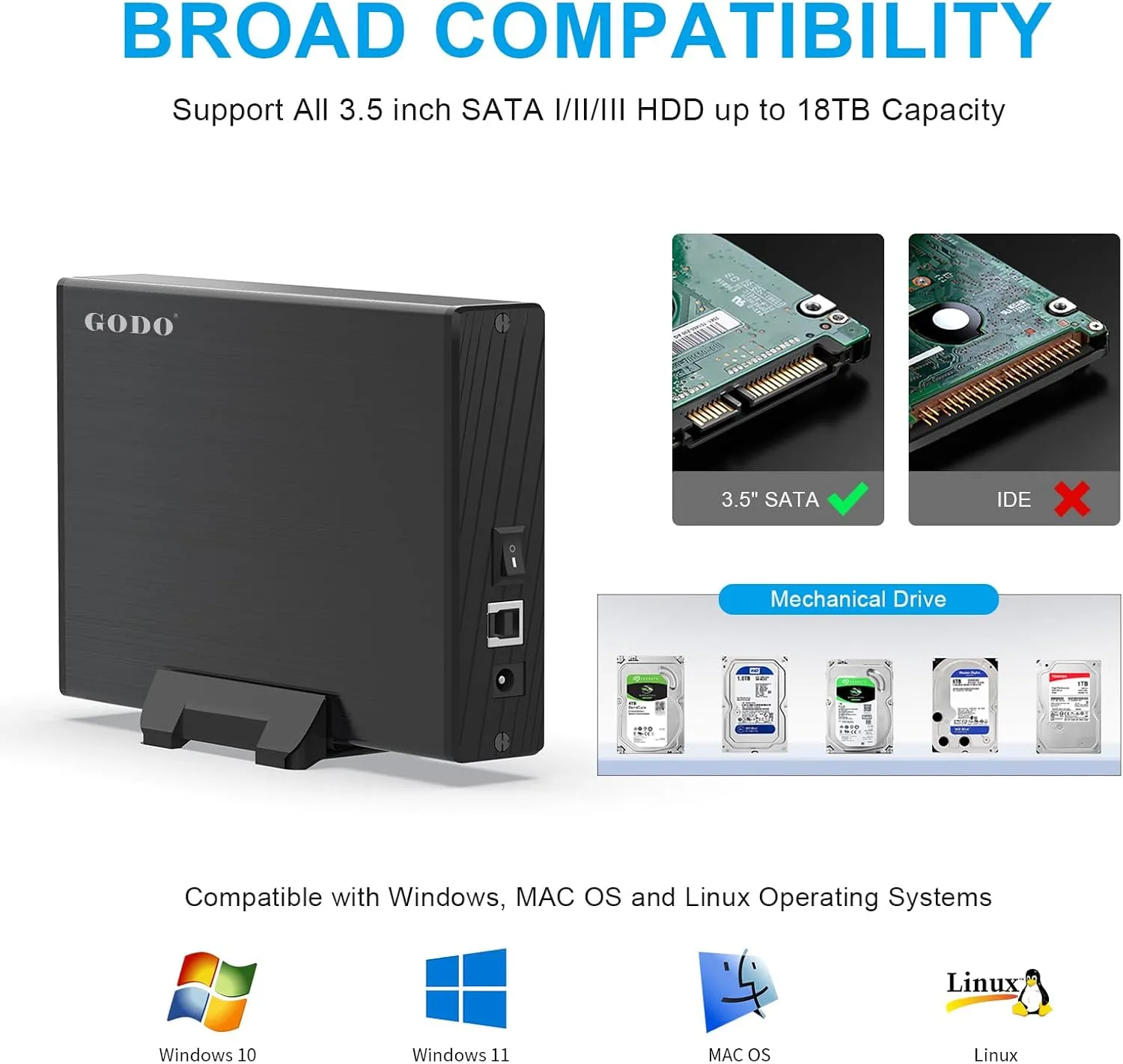 GODO USB 3.0 to 3.5 Inch Hard Drive Enclosure, Vertical External Hard Drive Docking with Stand for 3.5 inch SATA HDD SSD, Aluminum Alloy Drive Case Support Up to 18TB with UASP,Power Adapter
