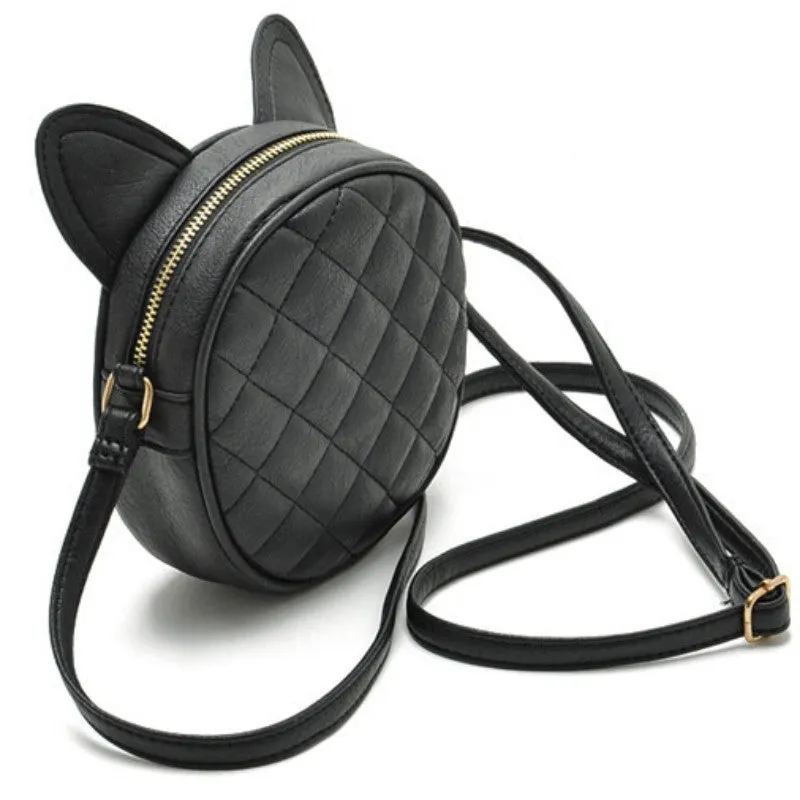 Good Quality Leather Mini Women Messenger Bag Circle Crossbody Bags Cat Ear Shoulder Bag Famous Brand Women Handbag Round Purses