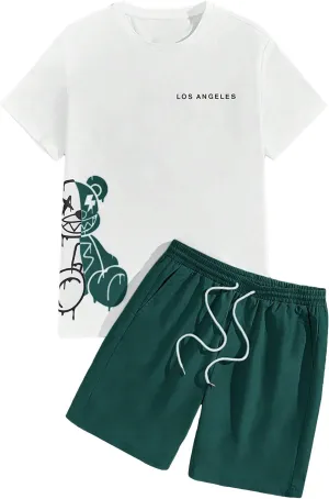 GORGLITTER Men's Letter Graphic Print T Shirts Short Sleeve Top & Shorts Casual Two Piece Sets