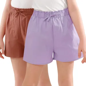 GORLYA 2 Pack Girls Paper Bag Elastic Waist Frilly Trim Linen Twill Casual Shorts with Pockets for 4-14T