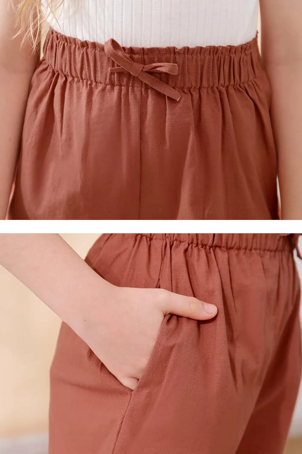GORLYA 2 Pack Girls Paper Bag Elastic Waist Frilly Trim Linen Twill Casual Shorts with Pockets for 4-14T