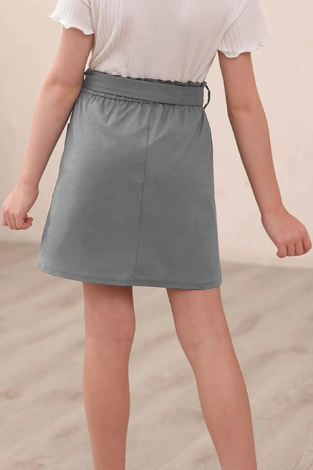 GORLYA Girls Paper Bag Elastic Waist Button Trim Front Belted Skirts with Pockets 4-14T