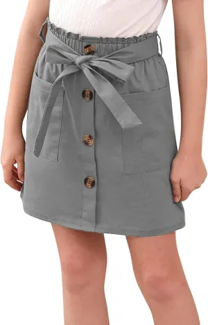 GORLYA Girls Paper Bag Elastic Waist Button Trim Front Belted Skirts with Pockets 4-14T