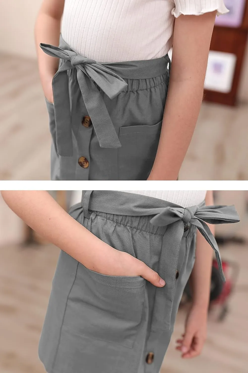 GORLYA Girls Paper Bag Elastic Waist Button Trim Front Belted Skirts with Pockets 4-14T