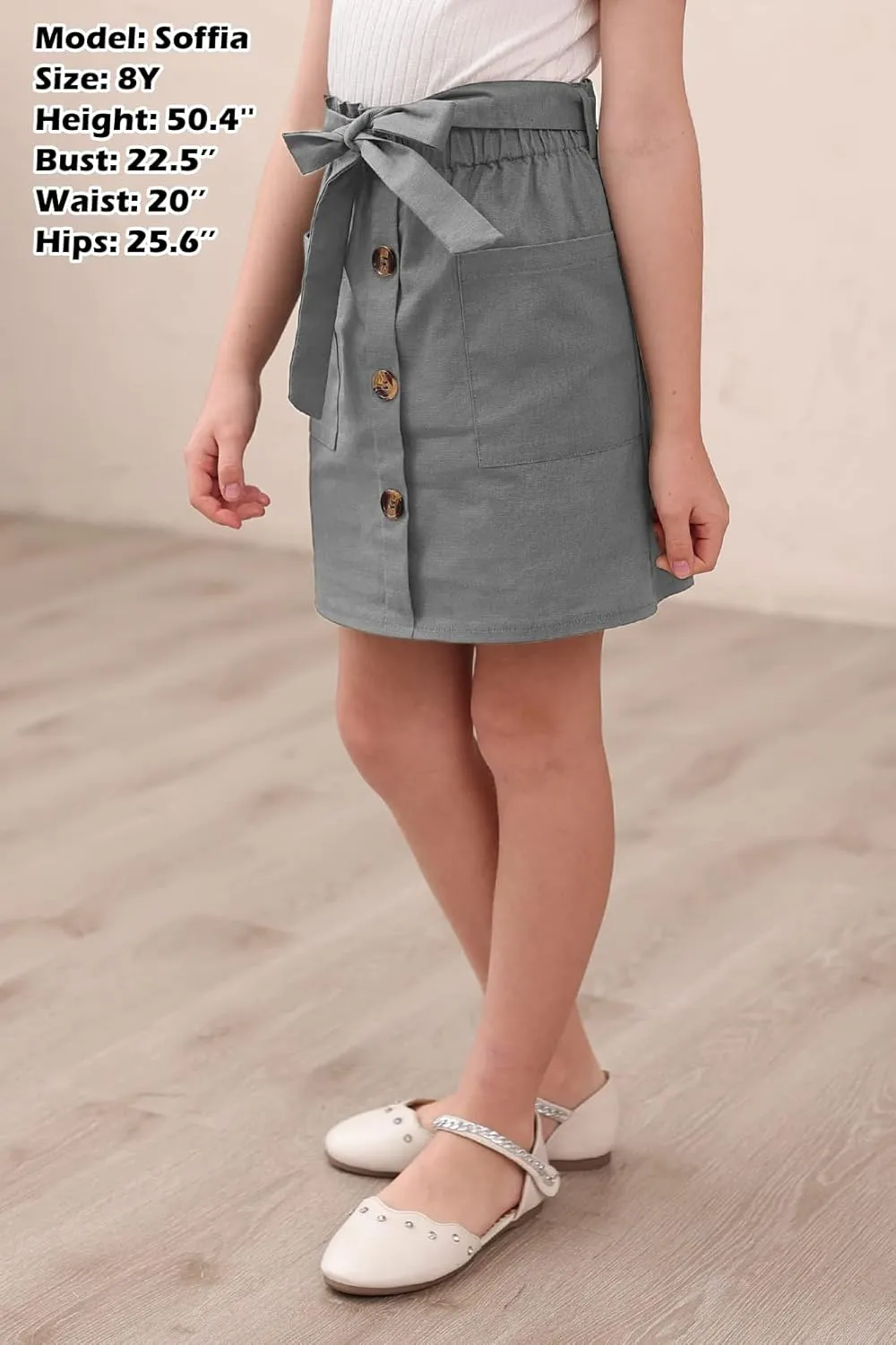 GORLYA Girls Paper Bag Elastic Waist Button Trim Front Belted Skirts with Pockets 4-14T