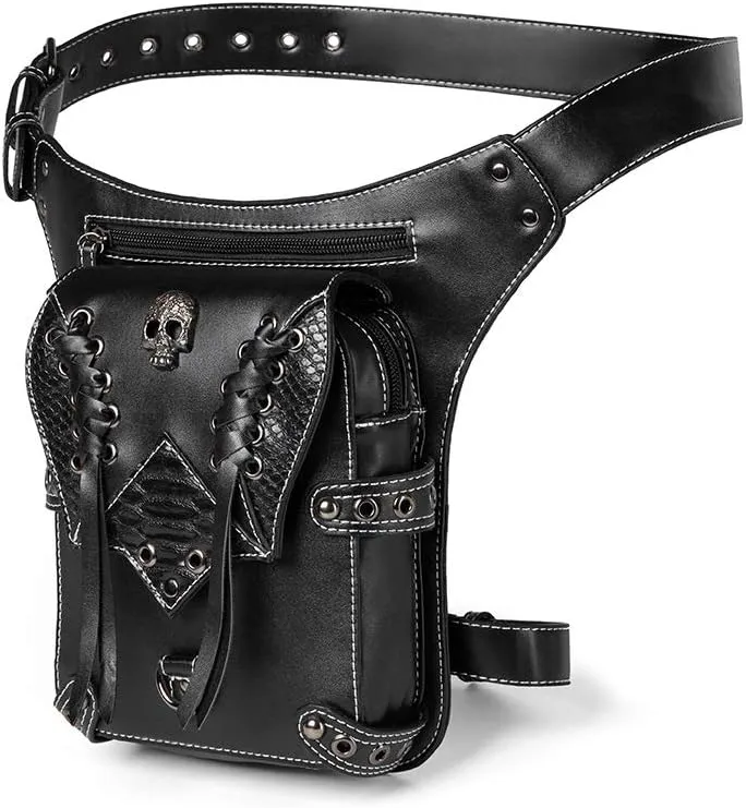 Gothic Waist Bag Fanny Pack Leather Steampunk Bag Purse Chain Leg Bag Crossbody Shoulder Messenger Hip Pouch (Black 038)