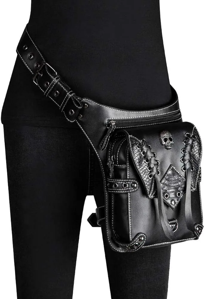 Gothic Waist Bag Fanny Pack Leather Steampunk Bag Purse Chain Leg Bag Crossbody Shoulder Messenger Hip Pouch (Black 038)