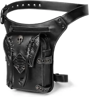Gothic Waist Bag Fanny Pack Leather Steampunk Bag Purse Chain Leg Bag Crossbody Shoulder Messenger Hip Pouch (Black 038)
