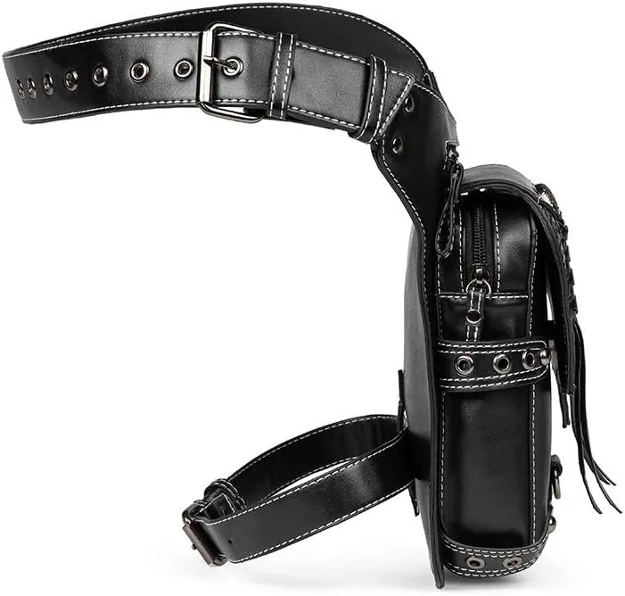 Gothic Waist Bag Fanny Pack Leather Steampunk Bag Purse Chain Leg Bag Crossbody Shoulder Messenger Hip Pouch (Black 038)