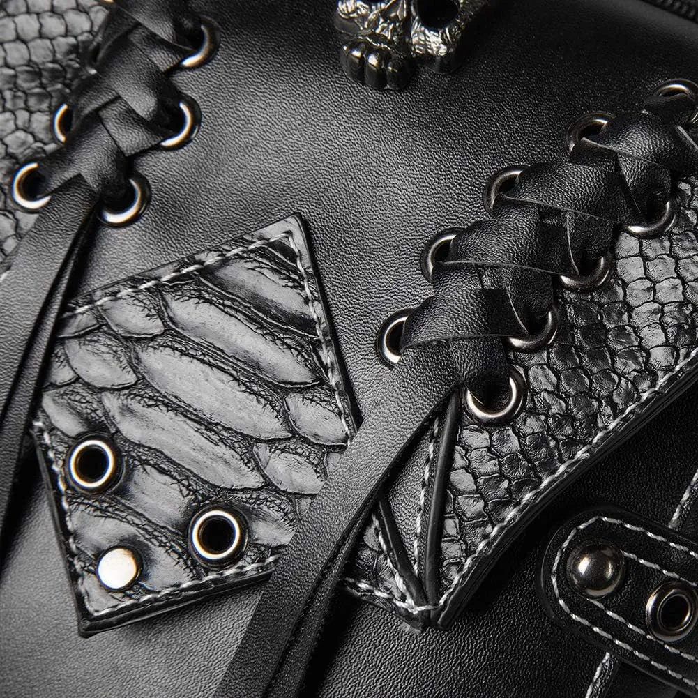 Gothic Waist Bag Fanny Pack Leather Steampunk Bag Purse Chain Leg Bag Crossbody Shoulder Messenger Hip Pouch (Black 038)