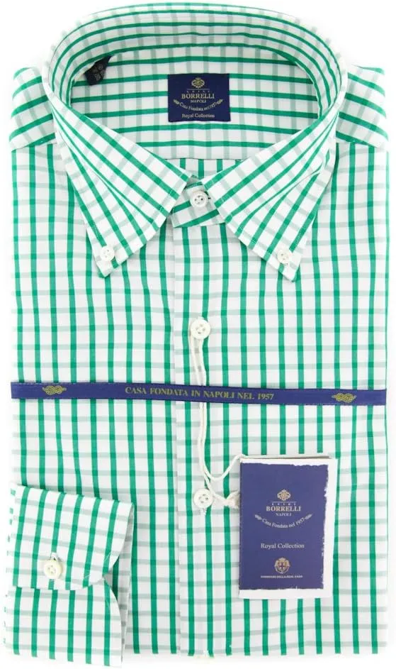Green Checkered Button-Down Collar Cotton Slim Fit Dress Shirt, Size x-Small 15