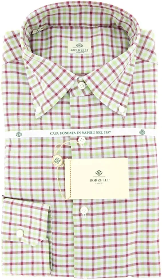 Green Plaid Button Down Button-Down Collar Cotton Slim Fit Dress Shirt, Size Large 17