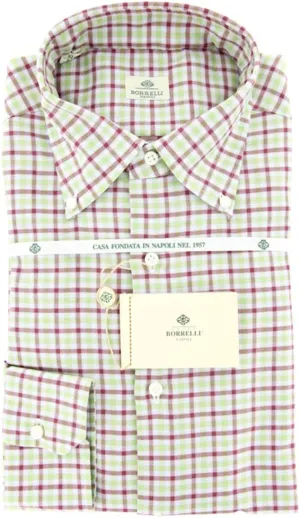 Green Plaid Button Down Button-Down Collar Cotton Slim Fit Dress Shirt, Size Large 17