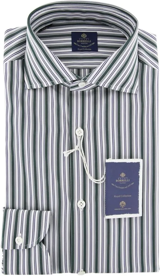 Green Stripes Button Down Cutaway Collar Cotton Slim Fit Dress Shirt, Size Medium 15.5