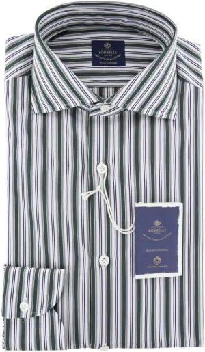 Green Stripes Button Down Cutaway Collar Cotton Slim Fit Dress Shirt, Size Medium 15.5