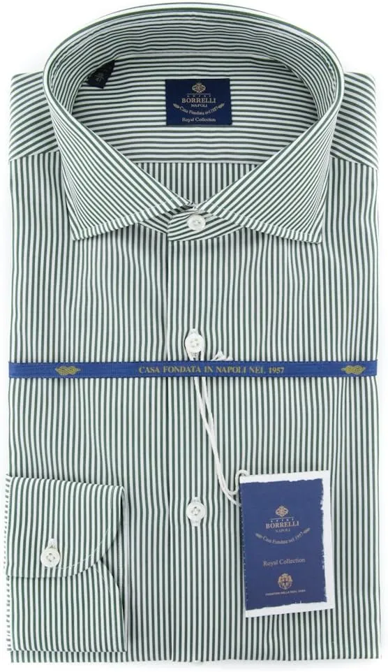 Green Stripes Button Down Cutaway Collar Cotton Slim Fit Dress Shirt, Size x-Large 17