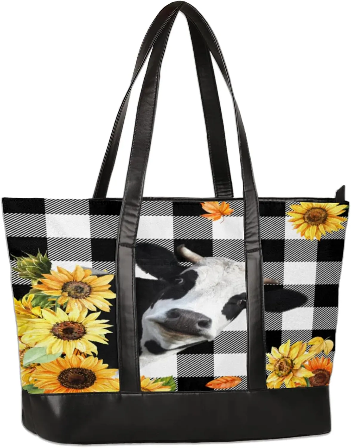 Grid Cow Sunflowers Laptop Tote Bag for Women Lightweight Work Purse with Multiple Compartments Fits 13-15.6 Inch Laptop Tablet Shoulder Bag for Office Travel Daily Use