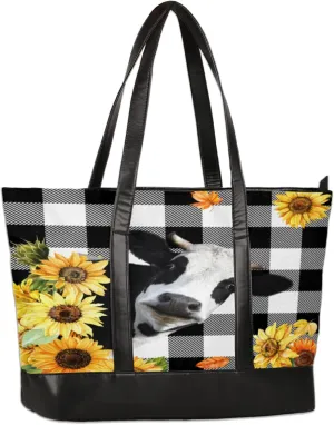 Grid Cow Sunflowers Laptop Tote Bag for Women Lightweight Work Purse with Multiple Compartments Fits 13-15.6 Inch Laptop Tablet Shoulder Bag for Office Travel Daily Use