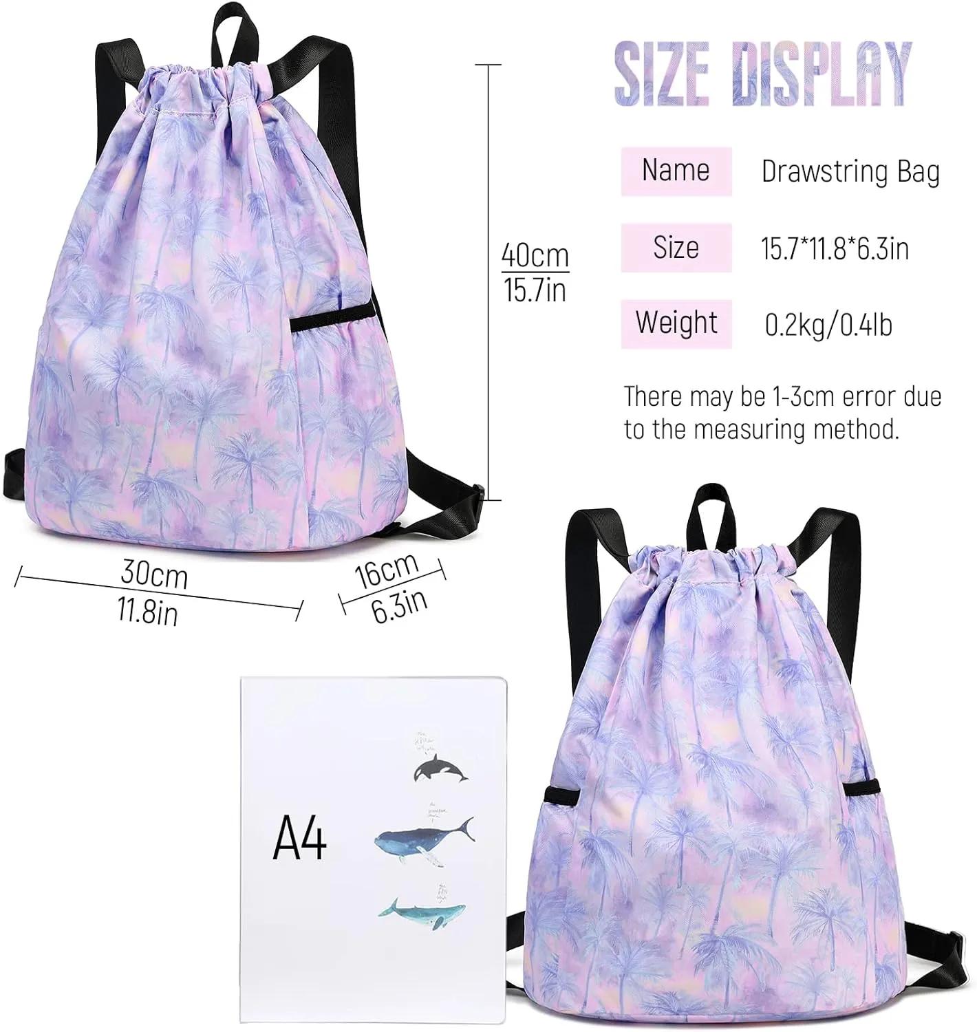 Gym Bag for Girls, Drawstring Sports Bag Lgihtweight Large Travel Coconut Tree Purple