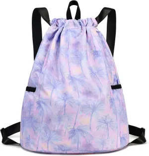 Gym Bag for Girls, Drawstring Sports Bag Lgihtweight Large Travel Coconut Tree Purple