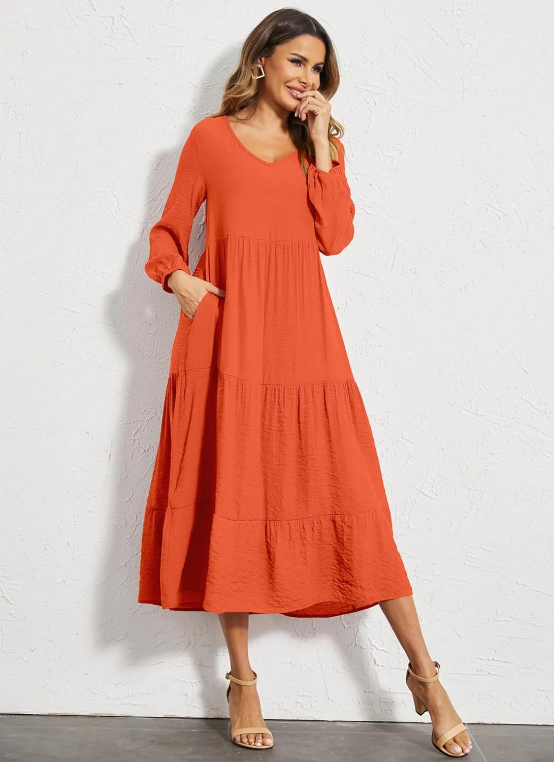 Halife Women's Summer Casual Maxi Dresses Flowy Ruffle Boho Long Dresses with Pockets