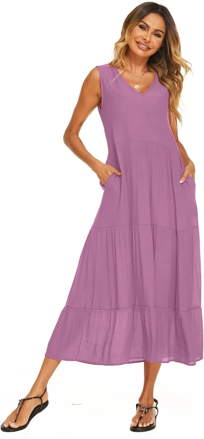 Halife Women's Summer Casual Maxi Dresses Flowy Ruffle Boho Long Dresses with Pockets