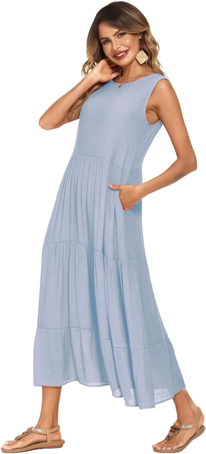 Halife Women's Summer Casual Maxi Dresses Flowy Ruffle Boho Long Dresses with Pockets