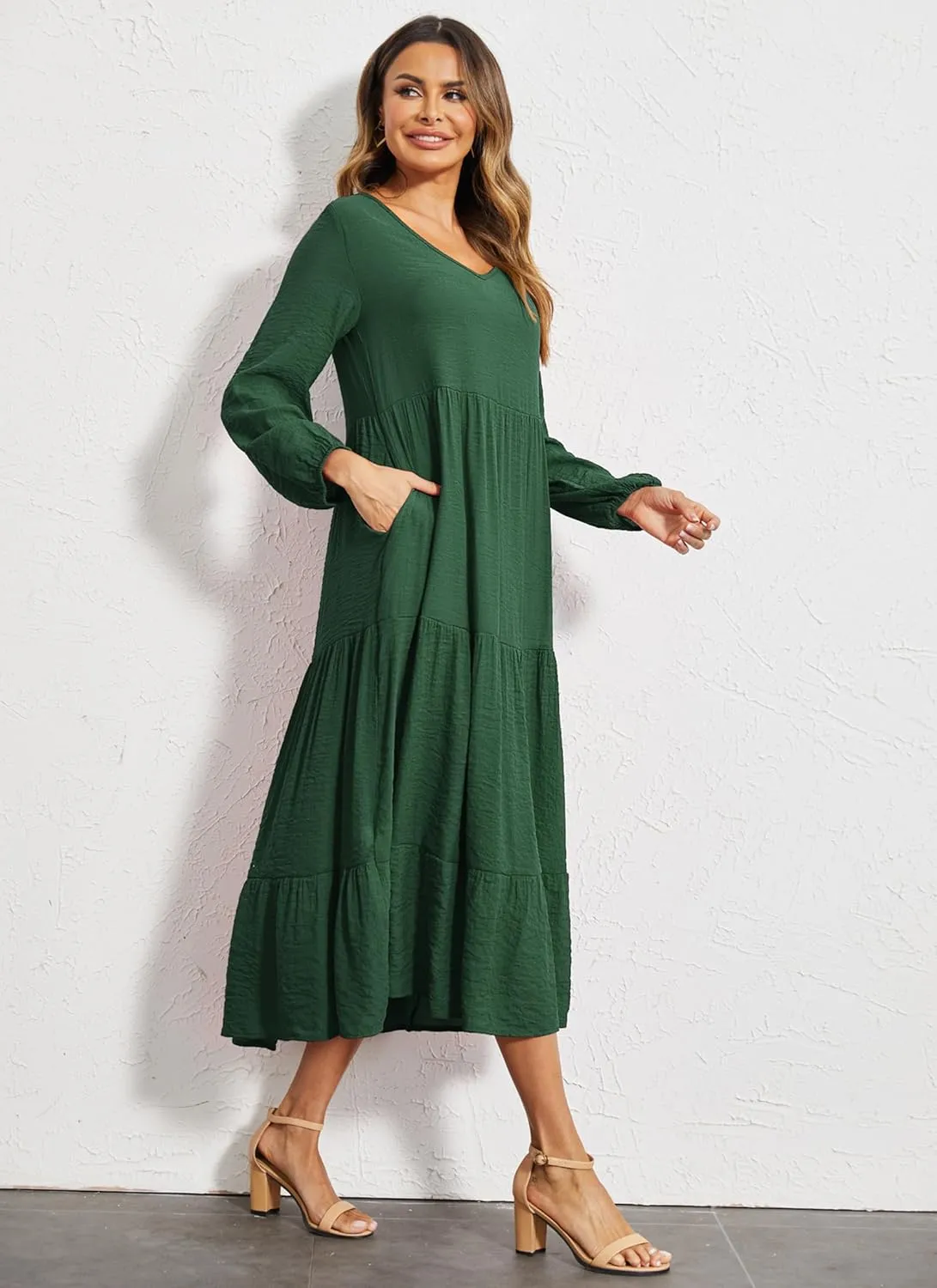 Halife Women's Summer Casual Maxi Dresses Flowy Ruffle Boho Long Dresses with Pockets