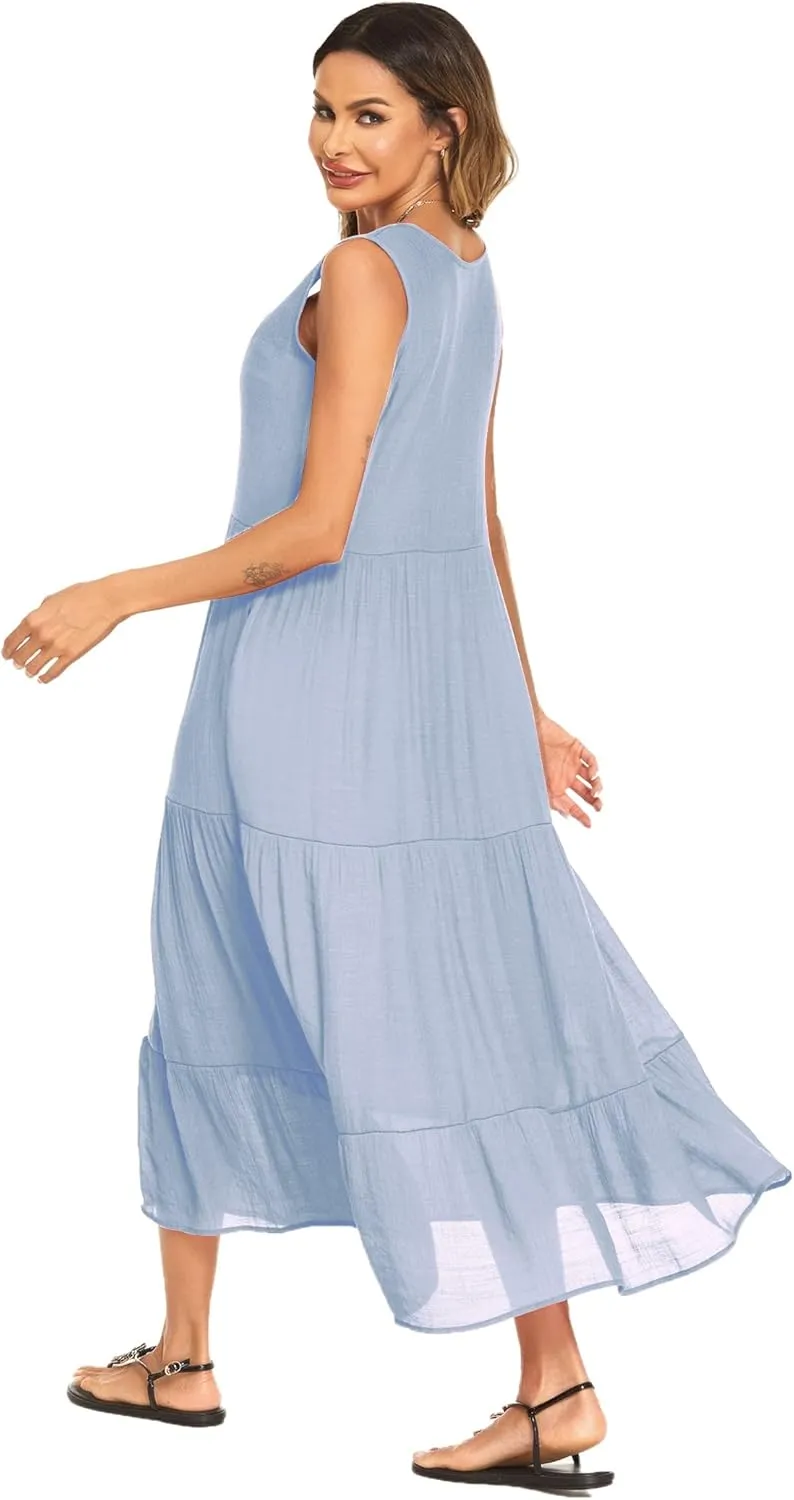 Halife Women's Summer Casual Maxi Dresses Flowy Ruffle Boho Long Dresses with Pockets