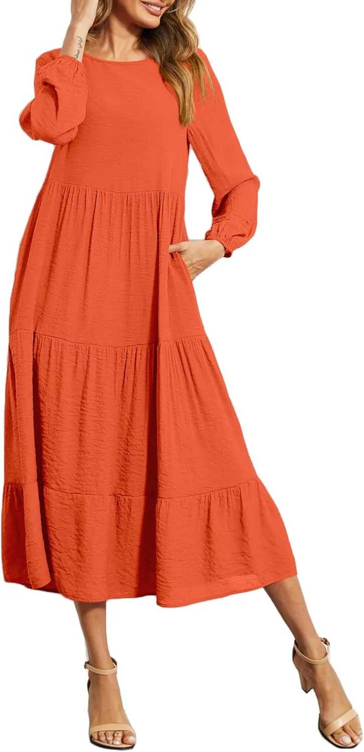 Halife Women's Summer Casual Maxi Dresses Flowy Ruffle Boho Long Dresses with Pockets