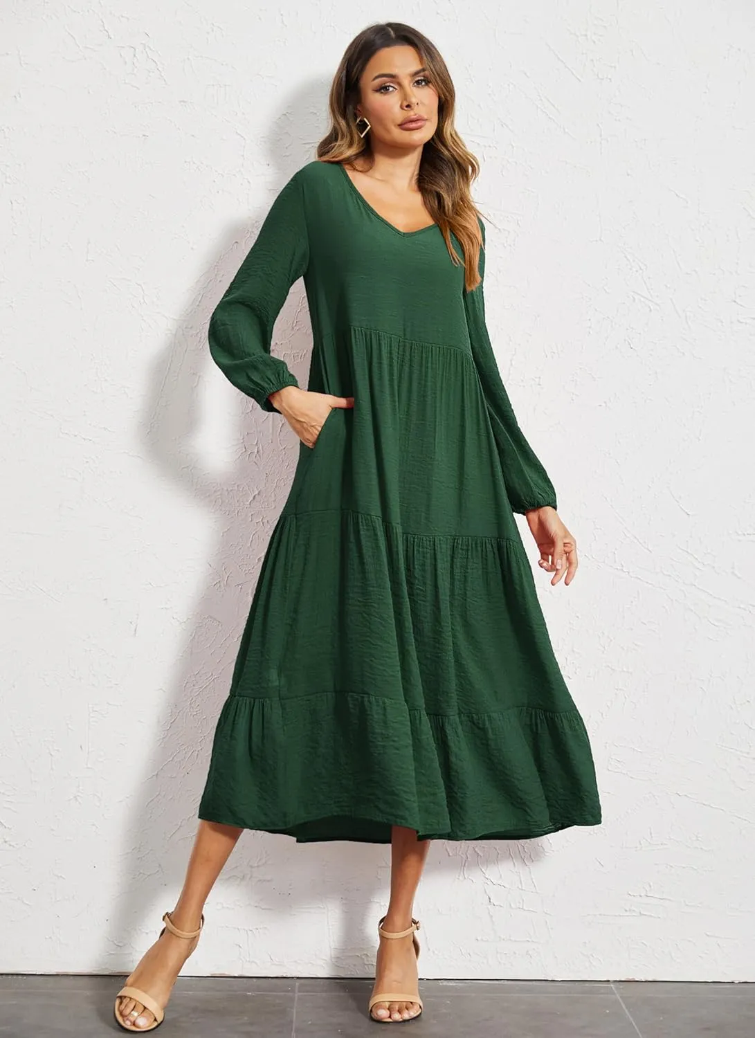 Halife Women's Summer Casual Maxi Dresses Flowy Ruffle Boho Long Dresses with Pockets