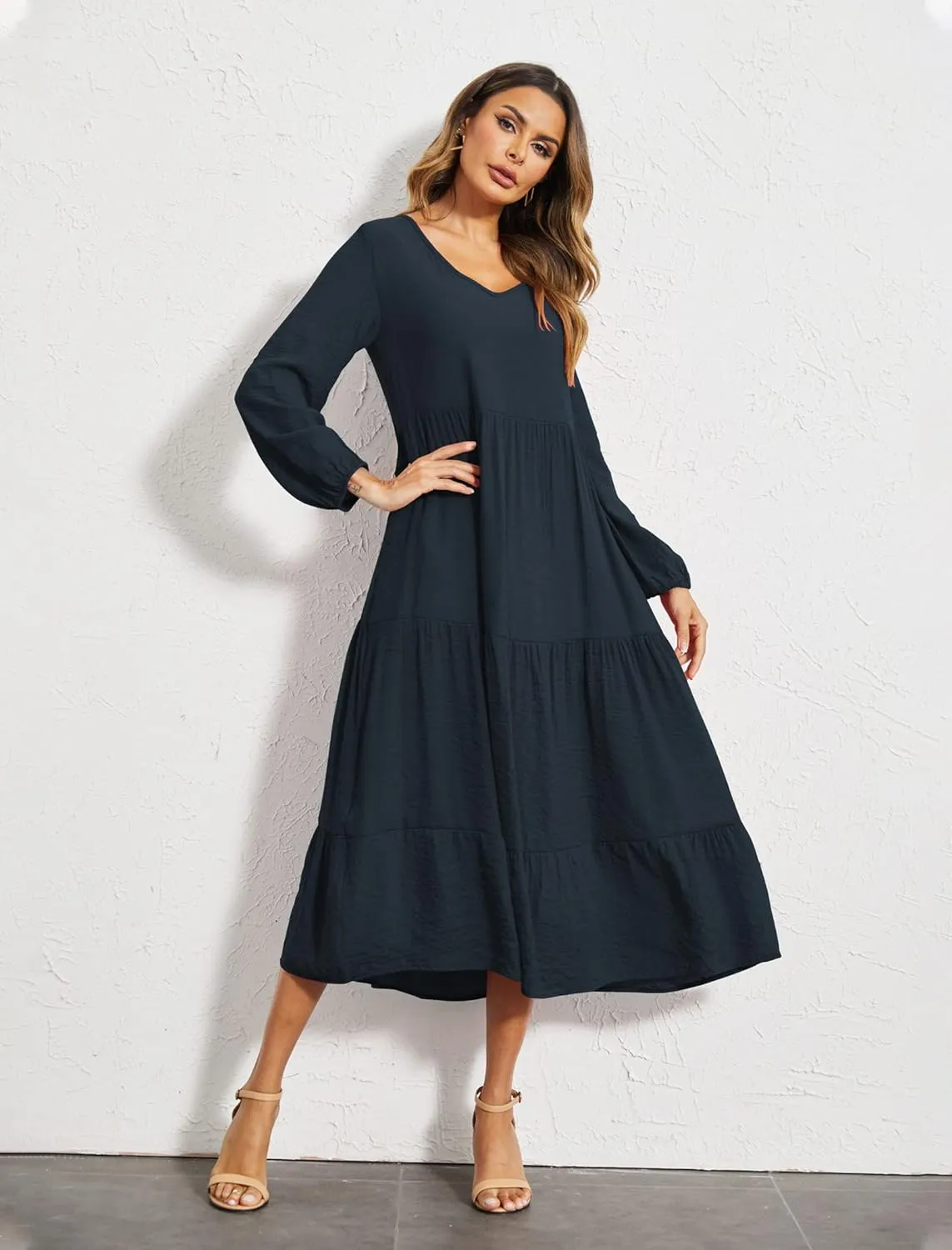 Halife Women's Summer Casual Maxi Dresses Flowy Ruffle Boho Long Dresses with Pockets