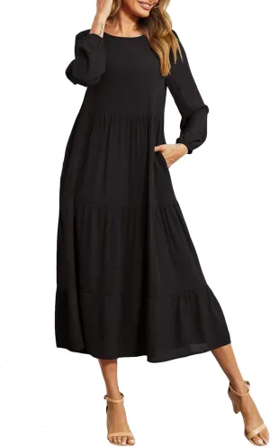 Halife Women's Summer Casual Maxi Dresses Flowy Ruffle Boho Long Dresses with Pockets