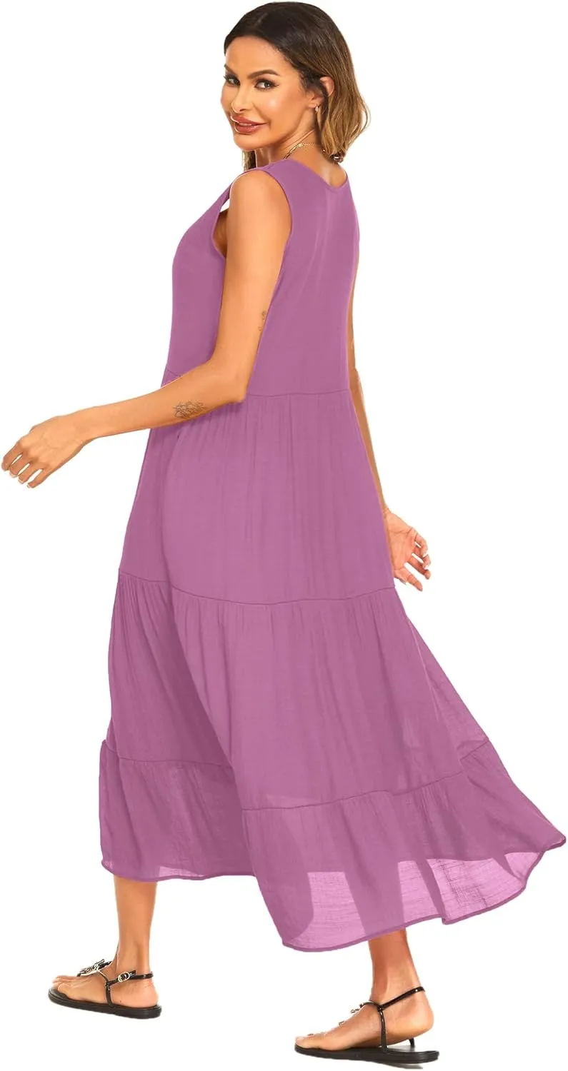 Halife Women's Summer Casual Maxi Dresses Flowy Ruffle Boho Long Dresses with Pockets