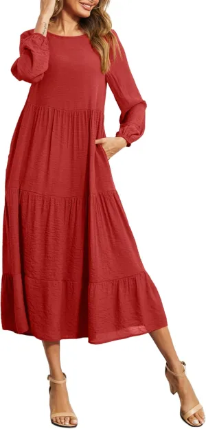 Halife Women's Summer Casual Maxi Dresses Flowy Ruffle Boho Long Dresses with Pockets
