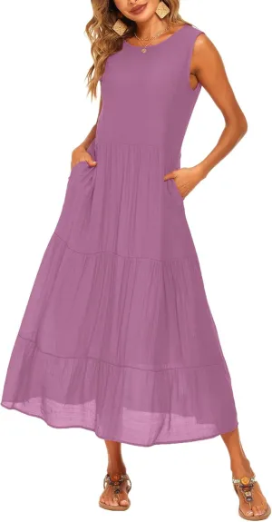 Halife Women's Summer Casual Maxi Dresses Flowy Ruffle Boho Long Dresses with Pockets